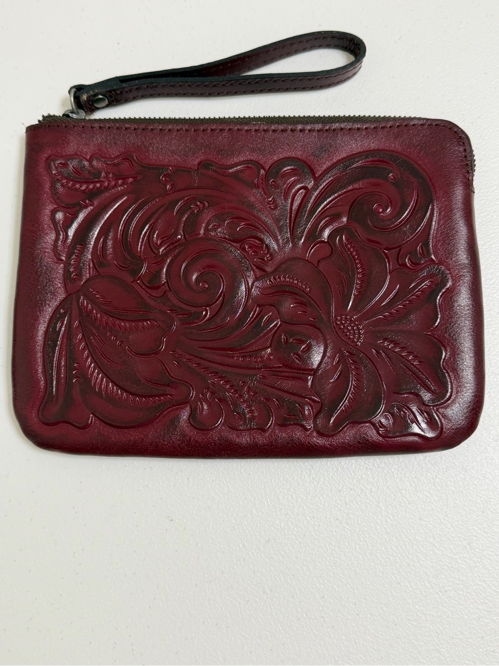 Patricia Nash Oxblood Tooled Leather Wristlet P349244 Floral Continental Pouch
